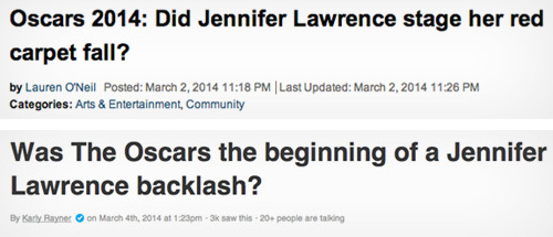 Oscars 2014: Did Jennifer Lawrence stage her red carpet fall? by Lauren O'Neil Posted: March 2. 2014 11:18 PM Last Updated: March 2. 2014 11:26 PM Cat
