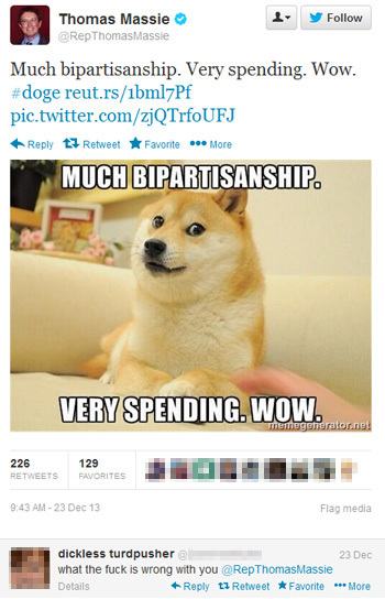 Thomas Massie Follow @RepThomasMassie Much bipartisanship. Very spending. Wow. #doge t.rs/1bmlzPf pic.twitter.com/zjQTrfoUFJ Reply Retweet Favorite Mo