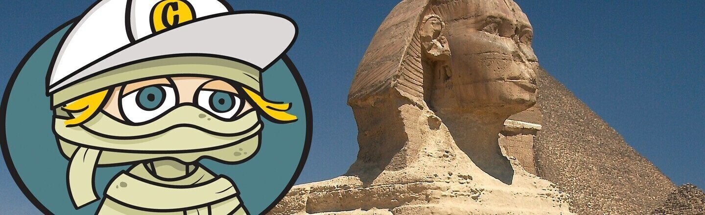 Cracked's Sylvester character in mummy wraps next to the Sphynx of ancient egypt.