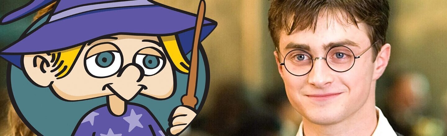 Cracked's mascot Sylvester with Daniel Radcliffe as Harry Potter